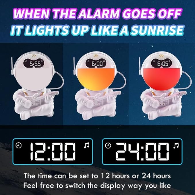 Astronaut Kids Sunrise Alarm Clock, 7 Dimmable Light Wake Clock for Teens, White Noise Bluetooth Speaker with 9 Soothing Sounds, Best Modern Alarm Clock for Heavy Sleepers, Adults, Boys in Bedroom-CubbioJoy