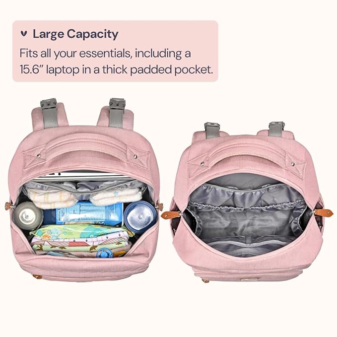 BabbleRoo Diaper Bag Backpack, Travel Backpack with Changing Pad, Pacifier Case & Stroller Straps, Multifunction, Waterproof, Unisex – Pink-CubbioJoy