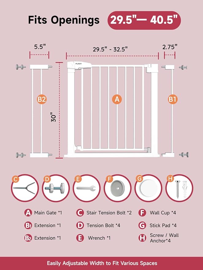Baby Gate for Stairs, 29.5-40.5" Dog Gate for Doorways, Walk Thru Auto Close Metal Child Gate for The House, Stairs and Doorways, Pressure Mounted Pet Gate for Dog Indoor (White)-CubbioJoy