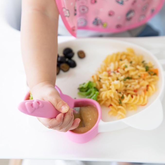 Bumkins Toddler Utensils, Kids Size Fork and Spoon Set, Silicone and Stainless-Steel Training Silverware, Angled Fork / Spork for Self-Feeding, Children Learning to Eat, 18 Mos Up, Hello Kitty Pink-CubbioJoy