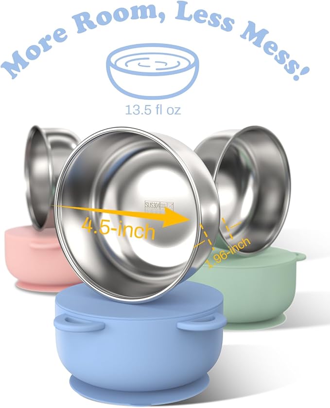 Baby Suction Bowls with Lids 4-Pack, 2-in-1 Stainless Steel 304 Toddler Bowl & Removable Silicone Suction Kids Bowl Plate Set Non Toxic Snack Dishes for Self-Feeding, Organic Bloom-CubbioJoy