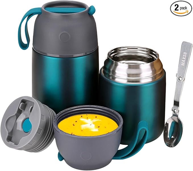 Insulated Thermo Food Jar for Hot & Cold Food for Kids Adult, 17&24 oz Soup Thermal Hot Food Containers for Lunch, Triple Layer Insulation Stainless Steel Food Jar with Spoon(2 Pack Green)-CubbioJoy