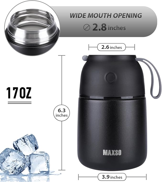 Insulated Thermo Food Jar for Hot & Cold Food for Kids Adult, 17 oz Soup Thermal Hot Food Containers for Lunch, Triple Layer Insulation Stainless Steel Food Jar with Spoon (Black)-CubbioJoy