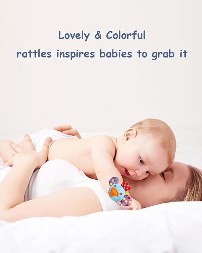 Infant Rattle Socks Toys 0 to 12 Months, Baby Wrist Rattle Foot Finder Socks Set, Birthday Holiday Present for Newborn Boy Girl 0/3/4/6/7/8/9/12/18 Months Kids Toddler, Gift Box Package (4A)-CubbioJoy