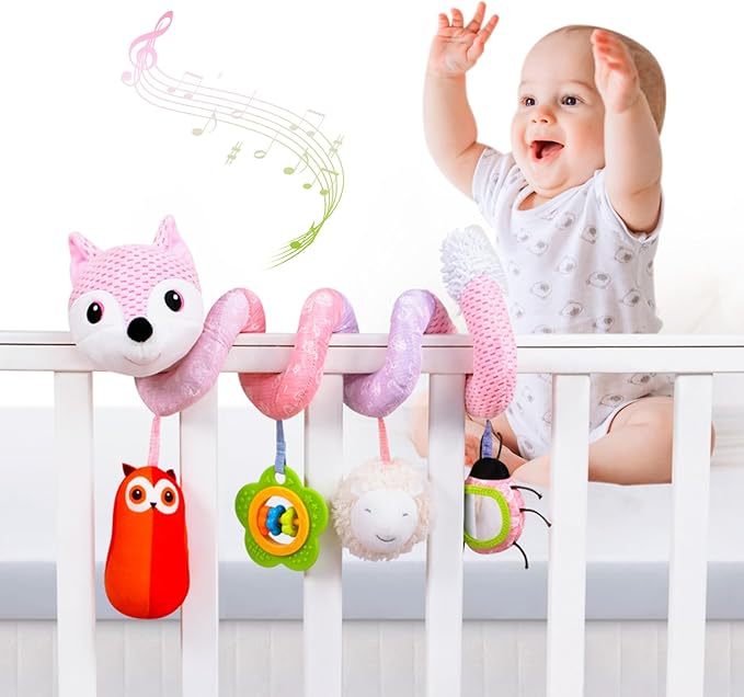 Jollybaby Baby Car Seat Stroller Toys, Plush Activity Hanging Spiral Activity Pram Crib with Music Box, Rattles, Squeaker for Babies Infant Boys Girls(Pink Fox)-CubbioJoy