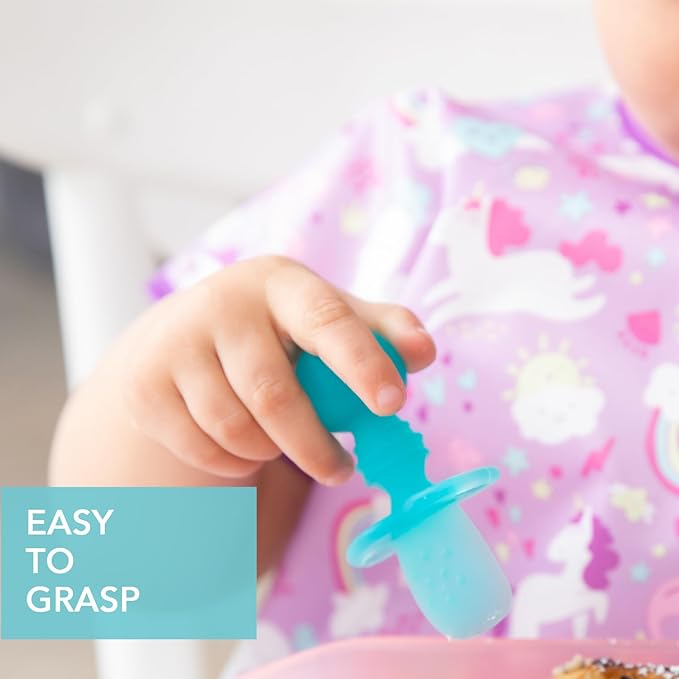 Bumkins Baby Utensils Set, Chewtensils Silicone Spoons for Dipping, Self-Feeding, Baby Led Weaning, Trainer Learning, First Stage Eating, Soft Practice Fork and Spoon, Babies 6 Months, Blue Jelly-CubbioJoy