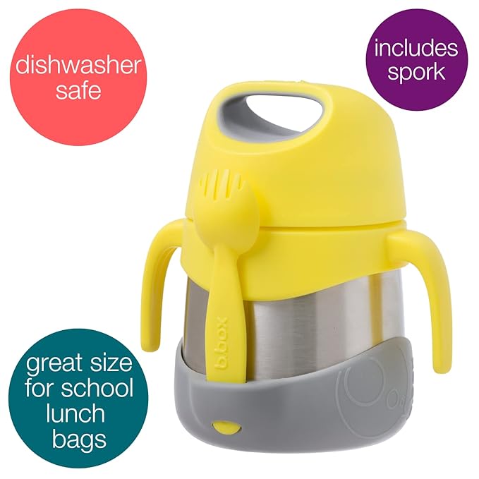 b.box Insulated Food Jar with Spork for Toddlers | Easy Open Container for Toddlers | Stainless Steel, 5hrs + of Perfect temperatures | Dishwasher Safe, BPA Free (Lemon Sherbet, 11 oz)-CubbioJoy