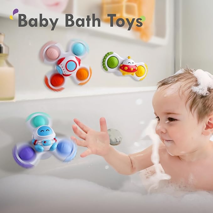 ALASOU 3PCS Pop Suction Cup Spinner Toys for 1 Year Old Boy Girl|Novelty Spinning Tops Toddler Toys Age 1-2|Sensory Baby Bath Toy for Toddlers 1-3|12 18 Months Boy Birthday Gift for Infant-CubbioJoy
