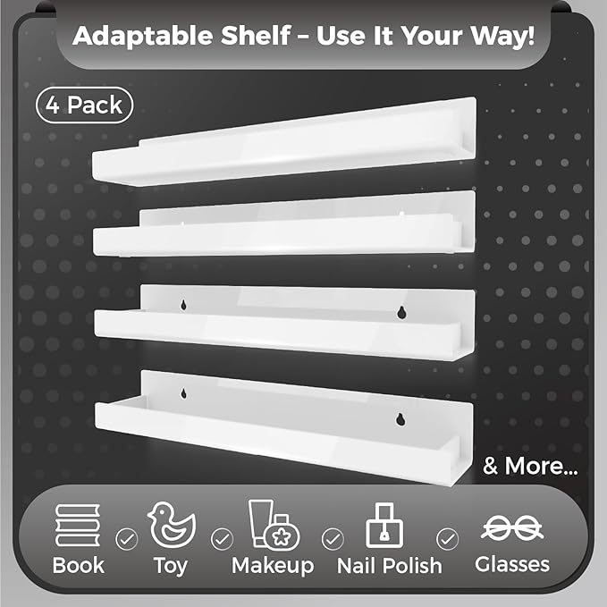 4 Pack 15 Inch Whtie Acrylic Shelves, Kids Floating Bookshelf for Kids Room, Modern Nail Polish Rack Sunglasses Essential Oil Picture Ledge Display Toy Storage Wall Shelf-CubbioJoy