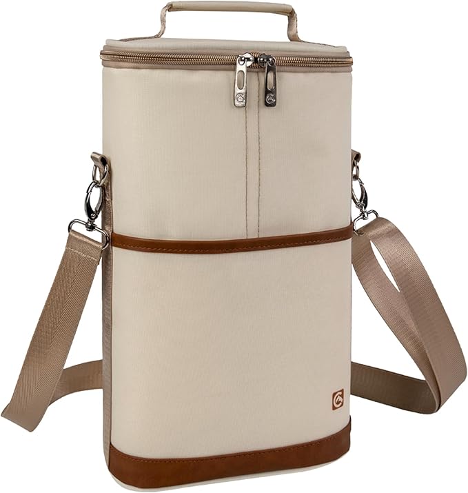 ALLCAMP 2 Bottle Wine Tote Carrier - Insulated Portable Padded Canvas Wine Bag for Travel, BYOB Restaurant, Wine Tasting, Party, Great Christmas Day Gift for Wine Lover，Cream-colored-CubbioJoy
