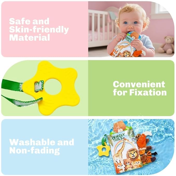 Baby Toys 0-6 Month, Crinkle Books for Babies, Jungle Tails Soft Baby Cloth Books 6 to 12 Months with 10 Pcs Jungle Animal Finger Puppets, Infant Tummy Time Sensory Toys, Newborn Gifts for Boys Girls-CubbioJoy