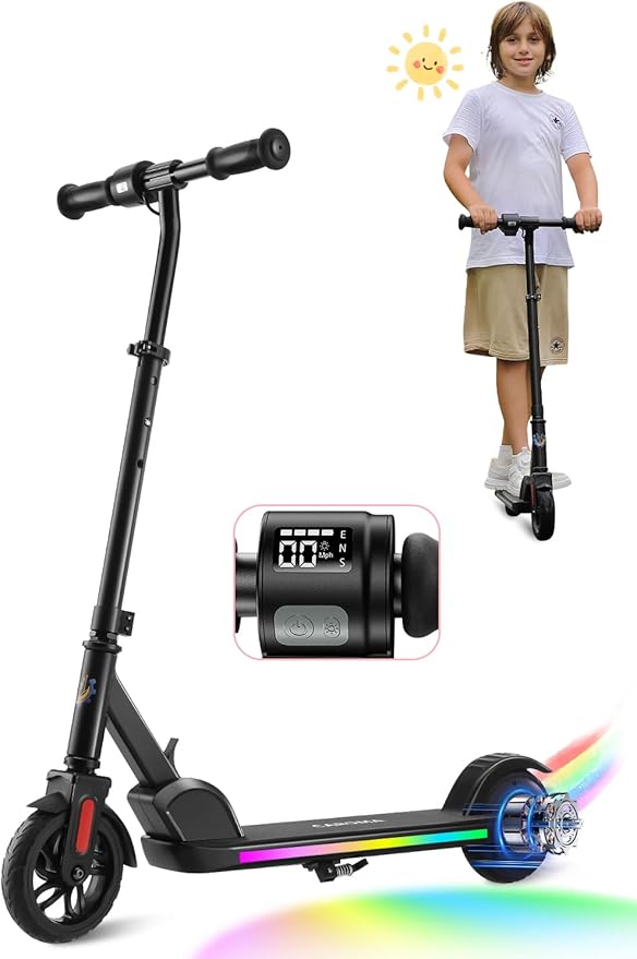 Caroma Electric Scooter for Kids Ages 6-12,150W/180WMotor,10 MPH Max Speed & 7 Miles,Colorful Lights,Adjustable Height & Speed,LED Display,Foldable Kids Electric Scooter 132 Lbs Max Load,Idea Gift-CubbioJoy