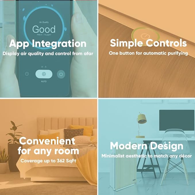 Aspen One Button Air Purifiers for Home, Cleans 1500 SqFt in 50min and 362 SqFt in 12min, HEPA Air Purifier with Automatic and App Control - Filtrate 99.97% of Smoke, Pollen, and more - Gold Oak-CubbioJoy