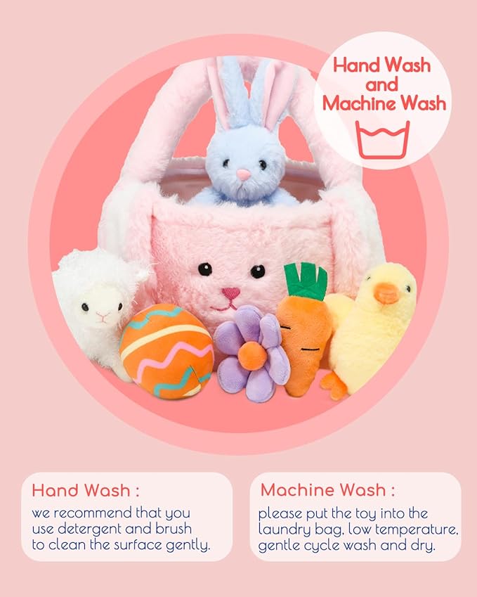7 Piece Plush Stuffed Animals Playset Toys with Rabbit, Chick, Lamb, Carrot, Egg, Flower, Furry Bag, Soft Basket Set Toys for Girls Kids Ages 3+, Birthday Christmas Valentines Easter Party Favors-CubbioJoy