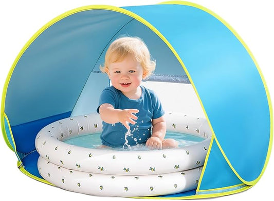 Baby Beach Tent Canopy: with Inflatable Kiddie Swimming Pool Toys - UPF50+ UV Protection Pop Up Sun Shelter Tent & Small Pool - Beach Essentials for Infant Toddlers-CubbioJoy