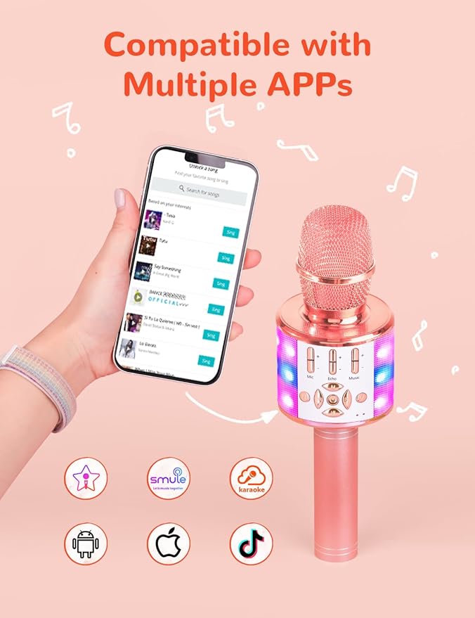 Amazmic Karaoke Microphone for Adults, Wireless Bluetooth Microphone for Singing Portable Karaoke Machine Handheld with LED Lights, Gift for Kids Adults Birthday Party, Home KTV(Rose Gold)-CubbioJoy