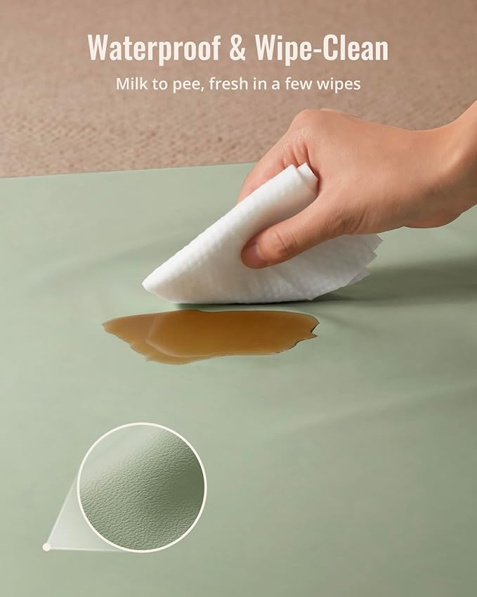 Blissful Diary Vegan Leather Baby Play Mat, 50x50 Thicken Foam Cushioned & Waterproof Playpen Mat for Infants and Toddlers, Stylish and Just Wipe-Clean Playmat for Baby Play on Floor, Light Green-CubbioJoy