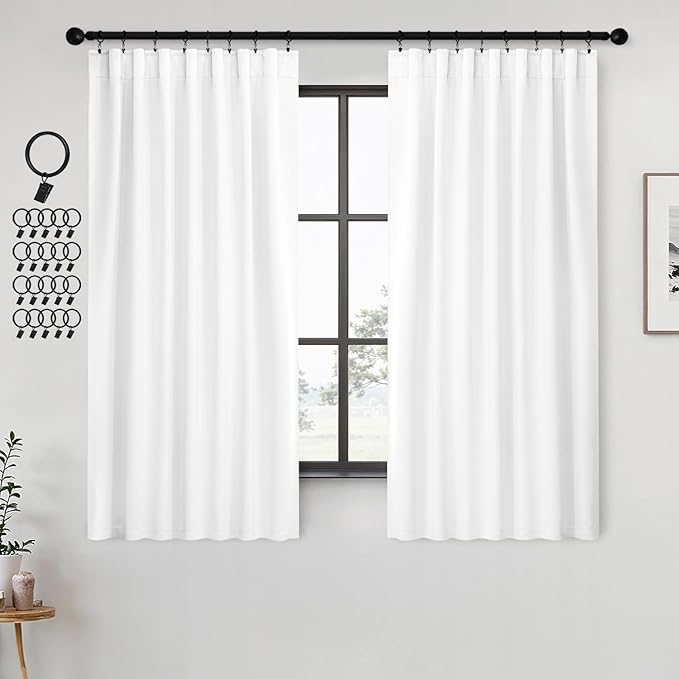 ANRODUO Back Tab Blackout Curtains for Bedroom Living Room, Rod Pocket Pinch Pleated Thermal Insulated Room Darkening Curtains 63 Inches Long 2 Panels, White, 42 x 63 Inch-CubbioJoy