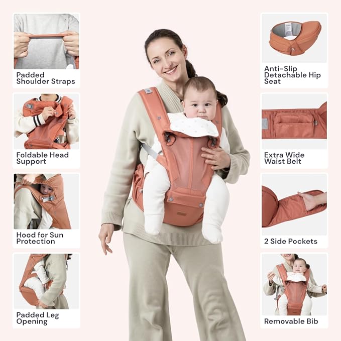 BabbleRoo Grow Carrier – Safety-Certified 6-in-1 Baby Carrier with Hip Seat, Ergonomic & Adjustable Toddler Carrier 7-50 lbs with Hip Support, Hood for Sun Protection, Newborn to Toddler,Kangaroo Rose-CubbioJoy