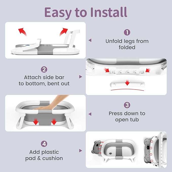 Collapsible Baby Bathtub for Newborn to Toddler (0-18 Month) - Portable Baby Bath Tub for Travel, Newborn Bathtub with Soft Towel and Floating Cushion (Gray)-CubbioJoy