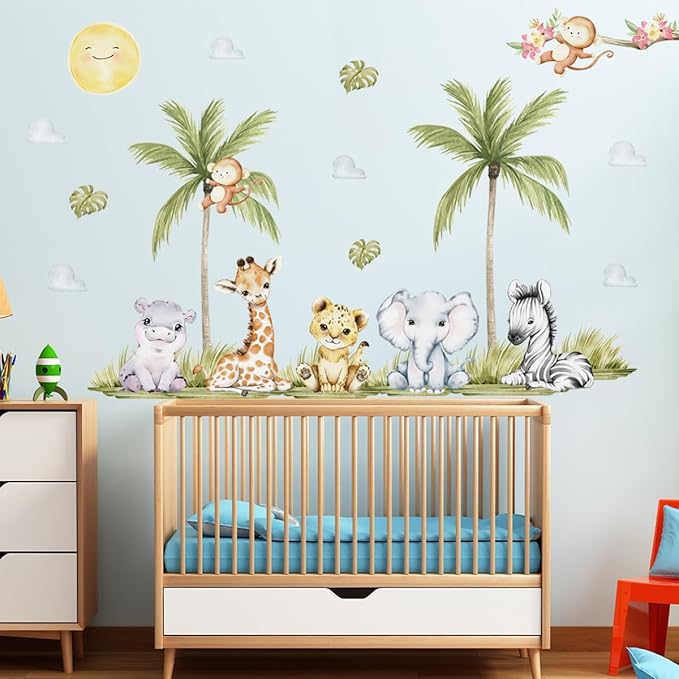 56.29 x 44.88 Inch Watercolor Animal Wall Decals - Jungle Stickers With Tiger, Elephant, Zebra, Giraffe, Monkey, Hippo for Baby Nursery, Bedroom, Classroom, Kindergarten Decor-CubbioJoy