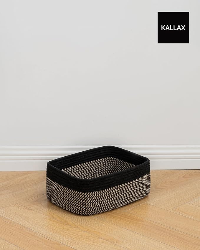 KALLAX Small Woven Basket, 13.5 x 9.5 x 5 Inches, Storage Basket for Organizing, Cute Small Rope Shelf Closet Cube Storage Bins Baskets for Shelves, Dog Toy Gift Baskets Empty, 3 Pack Black & Brown-CubbioJoy