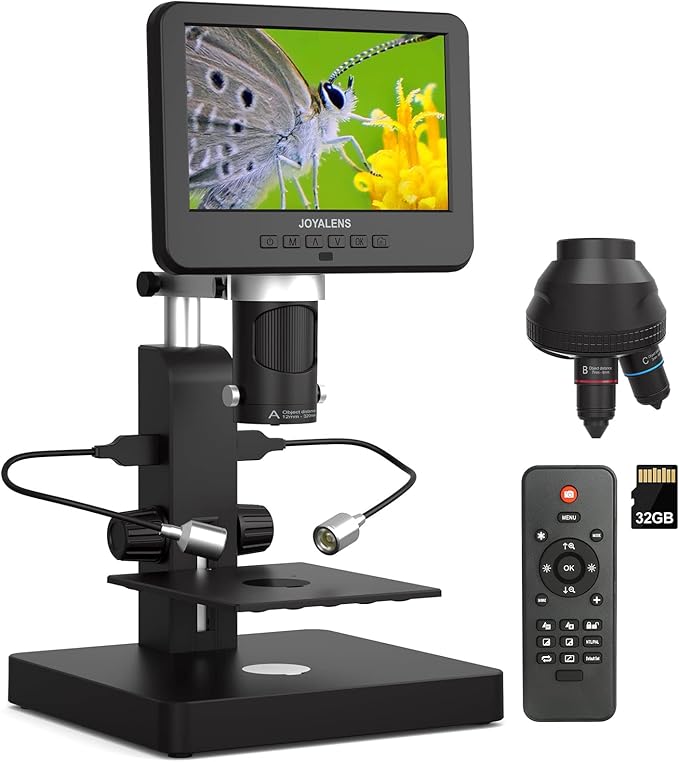 JL246PS 3 Lens 7'' HDMI Digital Microscope 4000X, Biological Microscope for Adults Kids with Prepared Slides, UHD 2160P Video, Full Coin Microscope for Error Coins, Windows Compatible, 32GB-CubbioJoy