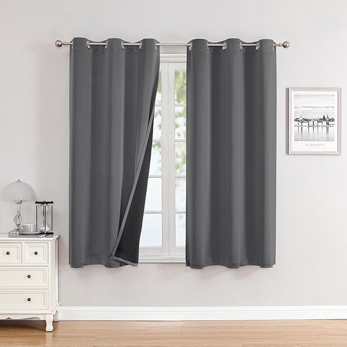 ChrisDowa 100% Blackout Curtains for Bedroom with Black Liner, 2 Thick Layers Total Blackout Thermal Insulated Grommet Window Curtains 2 Panels Set (Grey, 42W x 63L)-CubbioJoy
