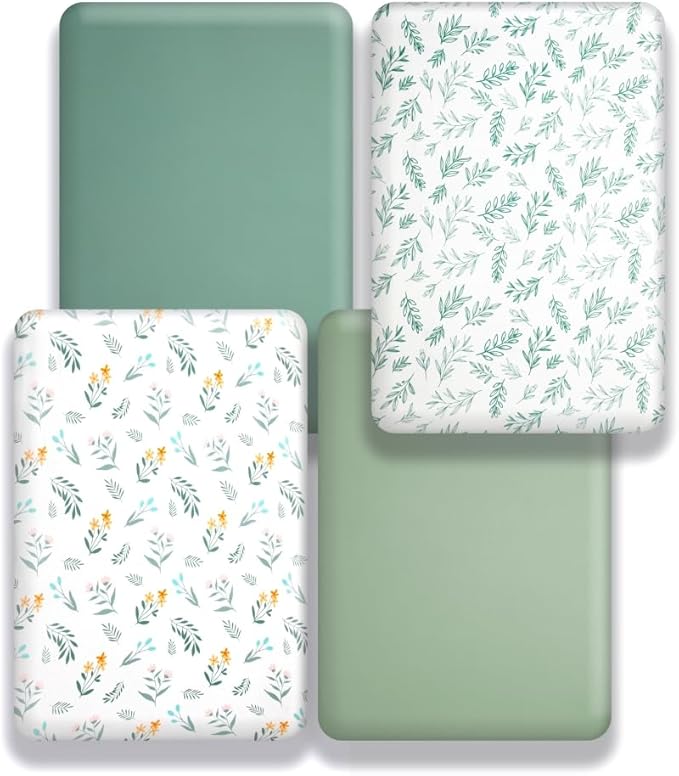 4 Pack Sage Green Fitted Nursery Sheets Breathable Neutral Unisex Baby Sheets for Boys or Girls with Leaf and Flower Design Standard Crib Sheet (Green, Crib Sheet)-CubbioJoy
