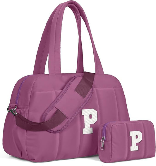 Duffle Bag with Initial, Spend The Night Bags for Women，Overnight Bag with Wet Pocket，Gifts for Friends-Lightweight Travel Bags Personalized Gym Tote with Makeup Pouch-CubbioJoy