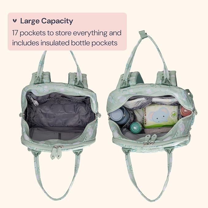 BabbleRoo Diaper Bag Backpack - Baby Essentials, Travel Essentials Baby Bag with Changing Pad, Stroller Straps & Pacifier Case - Unisex, Green Birdy-CubbioJoy