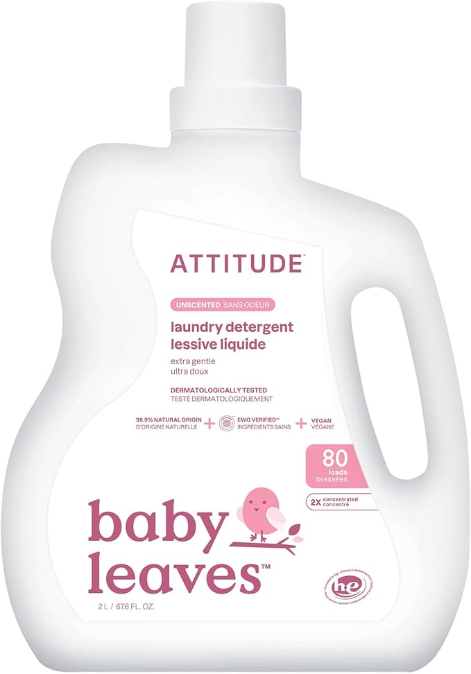 ATTITUDE Baby Laundry Detergent Liquid, EWG Verified, Safe for Baby Clothes, Infant and Newborn, Vegan and Naturally Derived Washing Soap, HE Compatible, Unscented, 80 Loads, 67.6 Fl Oz-CubbioJoy