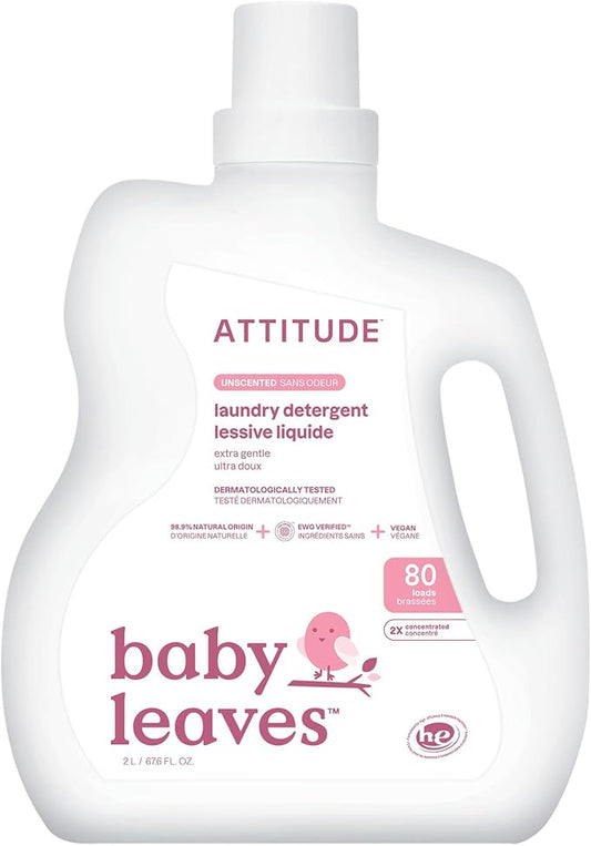 ATTITUDE Baby Laundry Detergent Liquid, EWG Verified, Safe for Baby Clothes, Infant and Newborn, Vegan and Naturally Derived Washing Soap, HE Compatible, Unscented, 80 Loads, 67.6 Fl Oz-CubbioJoy