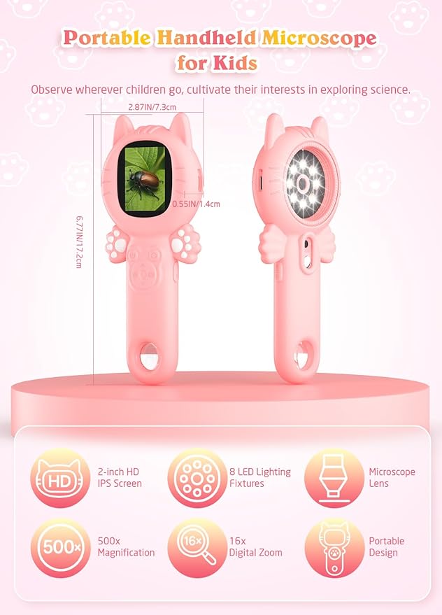 2-in-1 Microscope Camera for Kids, Mini Handheld Microscope Supporting Multiple Viewing Angles, Outdoor Educational Science Adventure Toys, Birthday Gifts for 3-10 Years Old Girls, Pink Cat-CubbioJoy