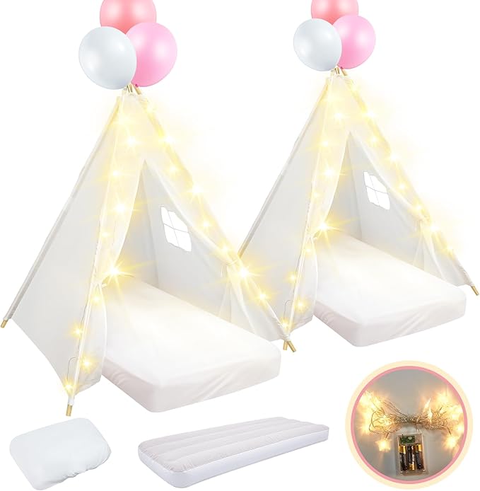 2 Pack Kids Teepee Tent with Mattress,Fitted Sheet,Light String,Washable Natural Cotton Toddler Play Tent for Girls Boys Indoor Outdoor Sleepover Slumber Birthday Party(White)-CubbioJoy