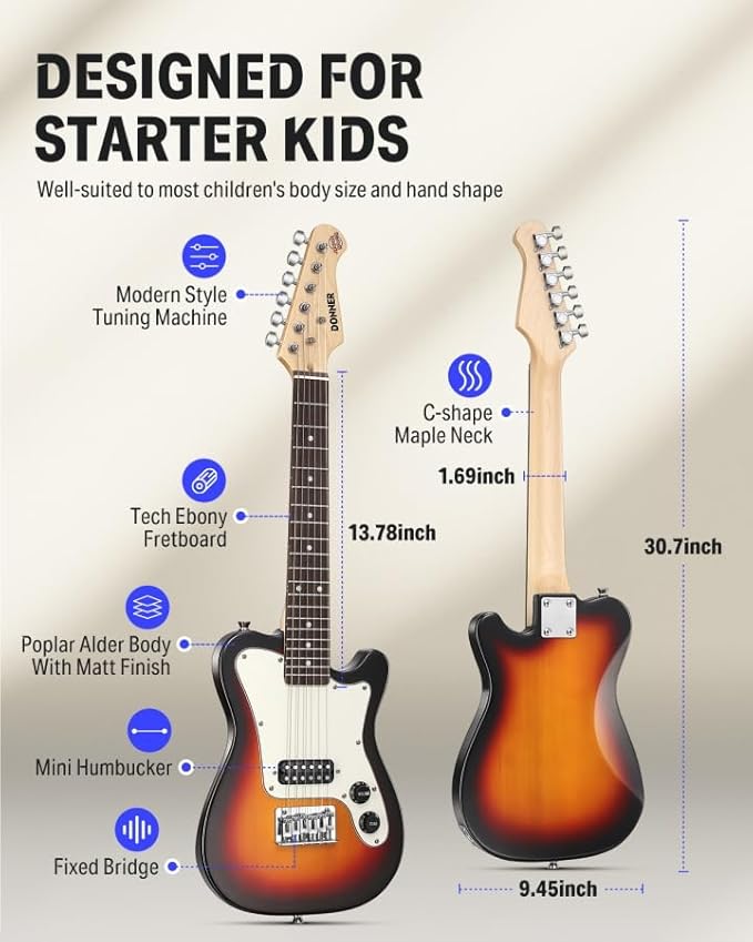 Donner 30 Inch Kids Electric Guitar Beginner Kit TL Style Mini Electric Guitar for Kids with Amp, 600D Bag, Tuner, Picks, Cable, Strap and Extra Strings, DTJ-100S, Sunburst-CubbioJoy