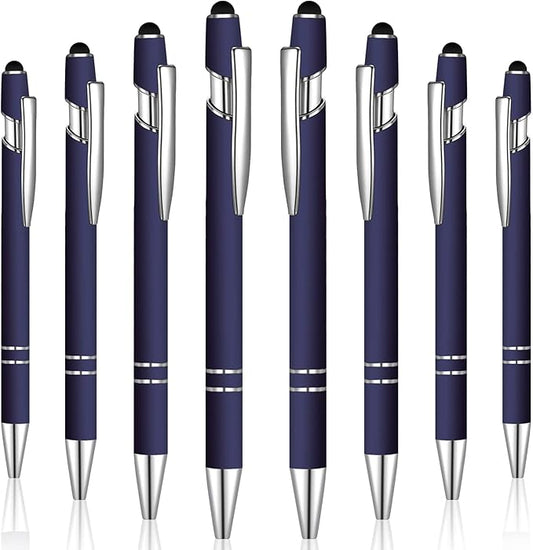 8 Pieces Ballpoint Pen with Stylus Tip Black Ink 2 in 1 Stylus Metal 1.0 mm Medium Point Smooth Pen Rainbow Colorful Rubberized Ballpoint for Touch Screen Tablet(Dark Blue)-CubbioJoy