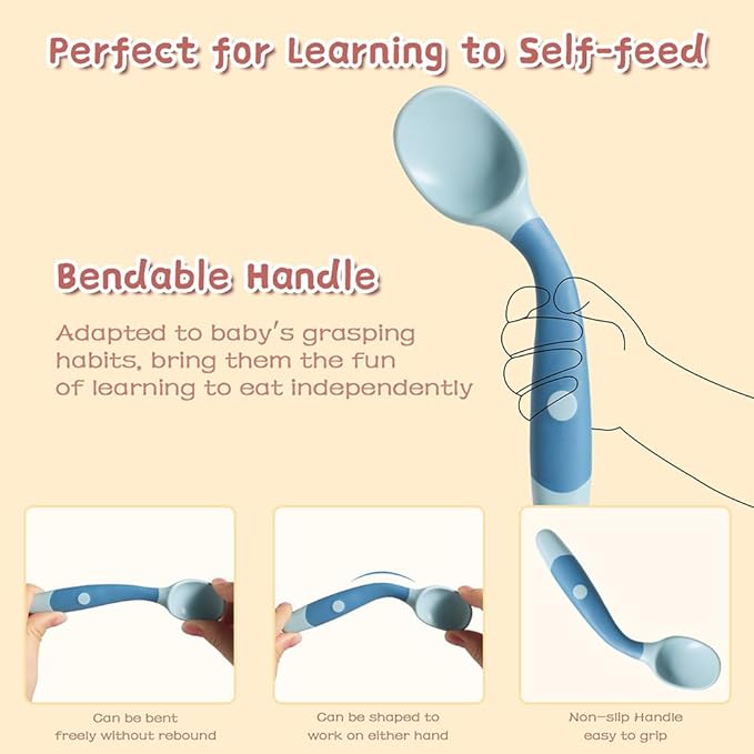 Baby Utensils Spoons and Forks Set Bendable Self-Feeding Silverware for Toddler Children with Travel Case Gum Friendly Food Grade (Yellow+Green, 2 Set)-CubbioJoy