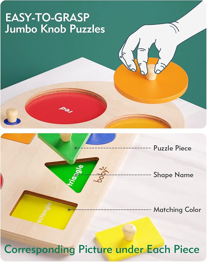 Boby Shape Color Puzzle for Toddlers 1-3, Montessori Learning Toys for 1 + Year Old Girl, Jumbo Knob Wooden Pegged Chunky Shapes Puzzles for Kids Ages 3, Baby Educational Toys 12-18-24 Months Boys-CubbioJoy