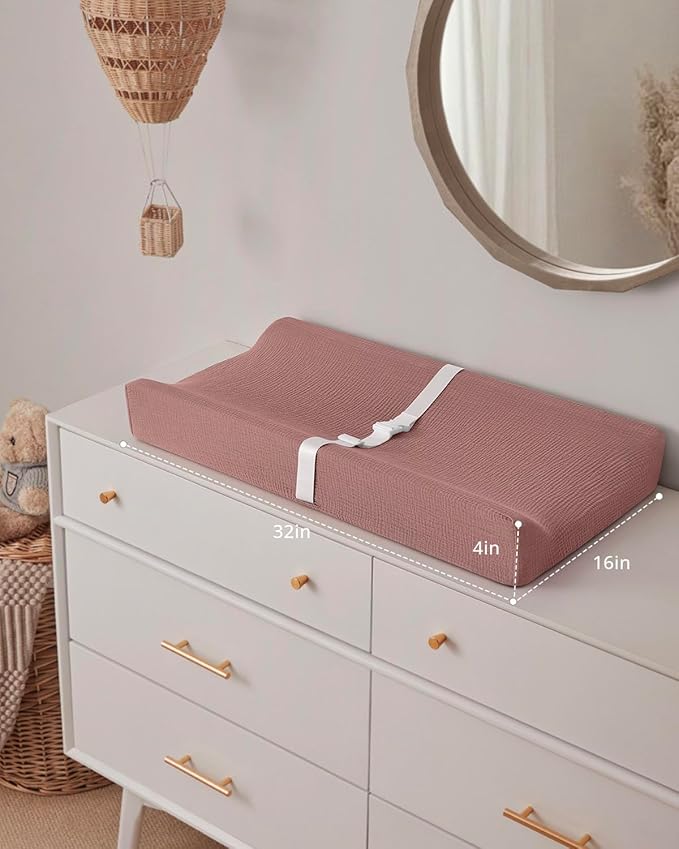 Blissful Diary Muslin Baby Changing Pad with Waterproof Lining Foam, Diaper Changing Table Pad with Cover for Dressers (Dusty Pink, Rectangular)-CubbioJoy