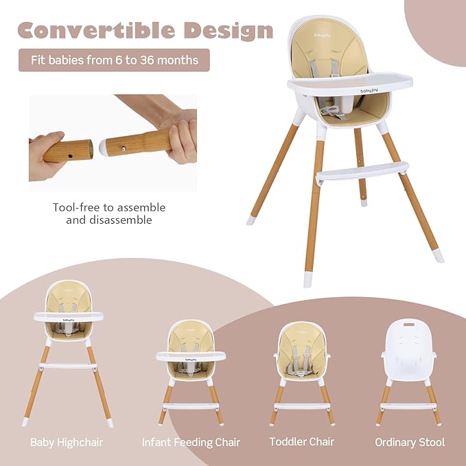 BABY JOY Convertible Baby High Chair, 3 in 1 Wooden Highchair/Booster/Chair with Removable Tray, Adjustable Legs, 5-Point Harness, PU Cushion and Footrest for Baby, Infants, Toddlers (Beige)-CubbioJoy