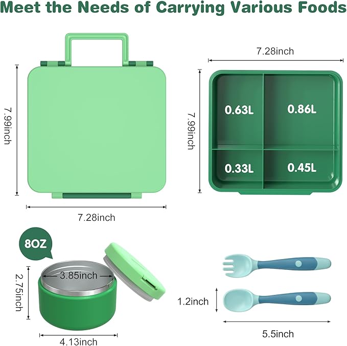 Bento Lunch Box with 8oz Soup Thermo, Kids Leakproof Lunch Food Containers with 4 Compartment, Kids Thermo Insulated Hot Food Jar for School, Trvael-Green-CubbioJoy