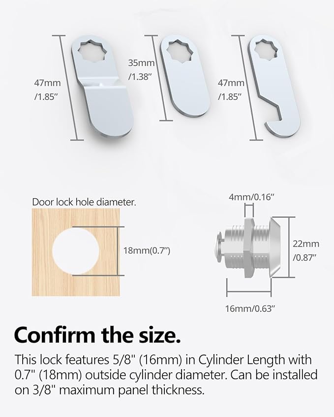 8 Packs Drawer and Cabinet Locks (Keyed Different) Secure Important Files, 5/8Inch 16mm Cam Locks with 3 pcs Different Lock Plates for Cabinet Cupboard File Drawer Mailbox Dresser Kitchen-CubbioJoy