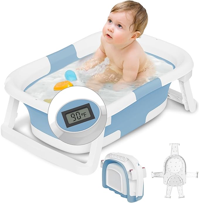 Collapsible Baby Bathtub,Baby Bath Tub with Soft Cushion & Thermometer,Baby Bathtub Newborn to Toddler 0-36 Months,Portable Travel Baby Tub-CubbioJoy