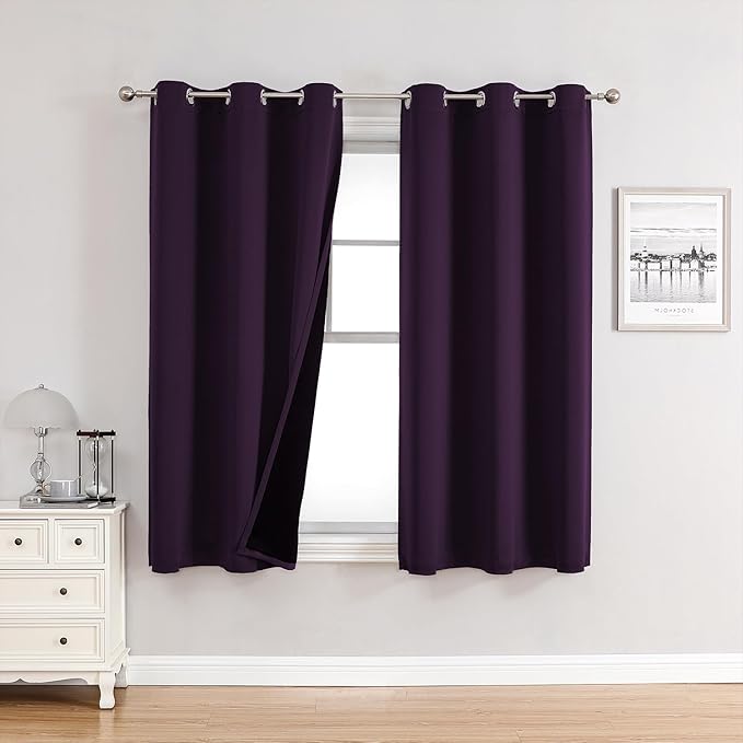ChrisDowa 100% Blackout Curtains for Bedroom with Black Liner, 2 Thick Layers Total Blackout Thermal Insulated Grommet Window Curtains 2 Panels Set (Royal Purple, 42 x 63 Inch)-CubbioJoy