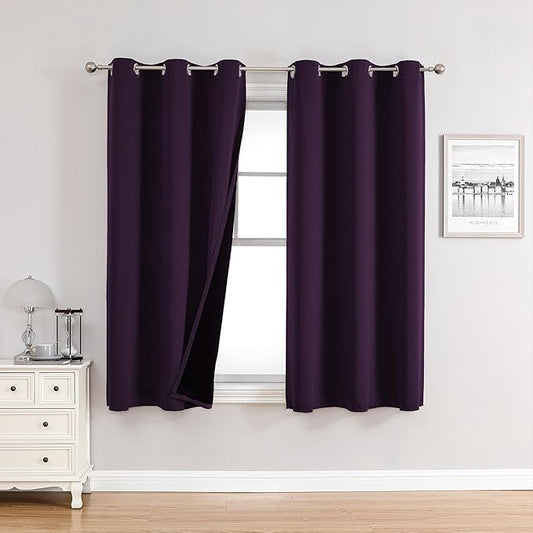 ChrisDowa 100% Blackout Curtains for Bedroom with Black Liner, 2 Thick Layers Total Blackout Thermal Insulated Grommet Window Curtains 2 Panels Set (Royal Purple, 42 x 63 Inch)-CubbioJoy