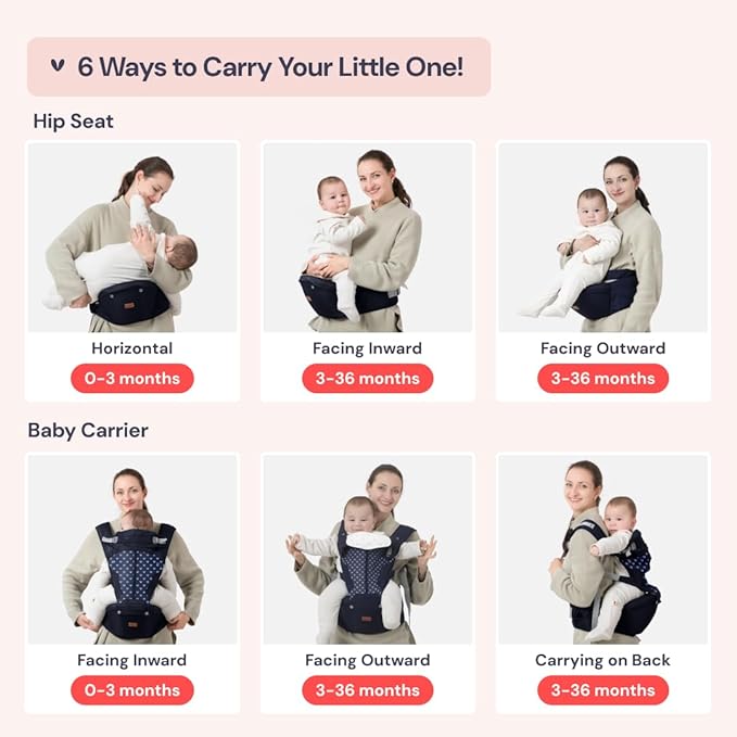 BabbleRoo Grow Carrier – Safety-Certified 6-in-1 Baby Carrier with Hip Seat, Ergonomic & Adjustable Toddler Carrier 7-50 lbs with Hip Support, Hood for Sun Protection, Newborn to Toddler, Navy Hearts-CubbioJoy