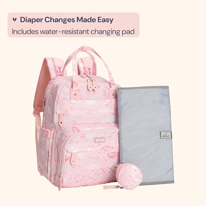 BabbleRoo Diaper Bag Backpack - Baby Essentials, Travel Essentials Baby Bag with Changing Pad, Stroller Straps & Pacifier Case - Unisex, Pink Birdy-CubbioJoy