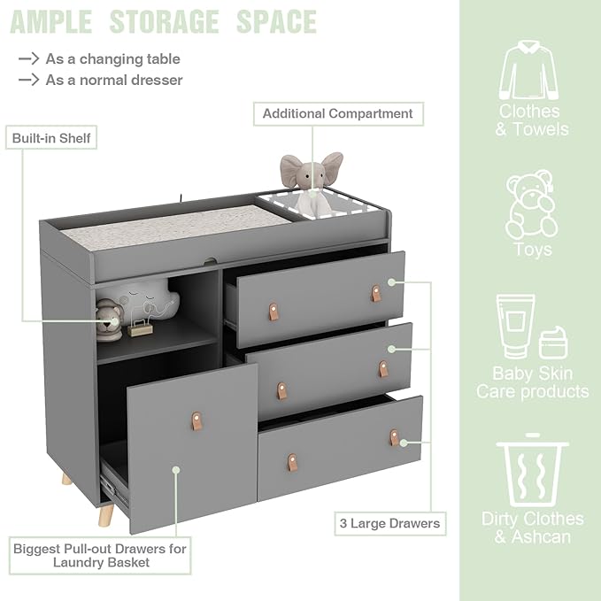 Baby Dresser Changing Table with Drawers,Shelf,Hidden Laundry Basket Storage,2 in 1 Nursery Dresser Chest for Infants, Baby Diaper Changing Station for Daycare,Bedroom,Grey-CubbioJoy