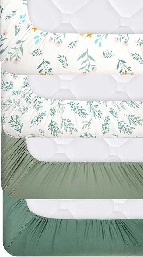 4 Pack Sage Green Fitted Nursery Sheets Breathable Neutral Unisex Baby Sheets for Boys or Girls with Leaf and Flower Design Standard Crib Sheet (Green, Crib Sheet)-CubbioJoy